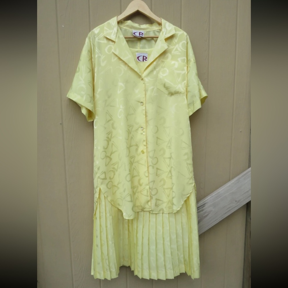 80s C&R 2 Piece Yellow Set Pleated Drop Waist Dress Long Button Down USA Vintage